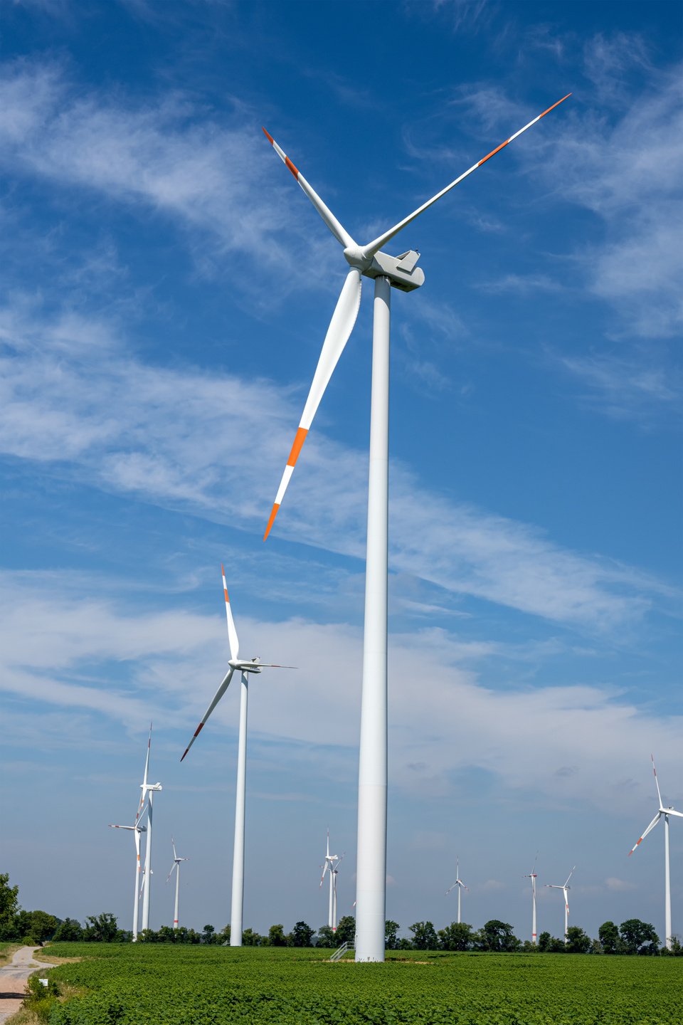 Modern wind energy plants seen in rural Germany